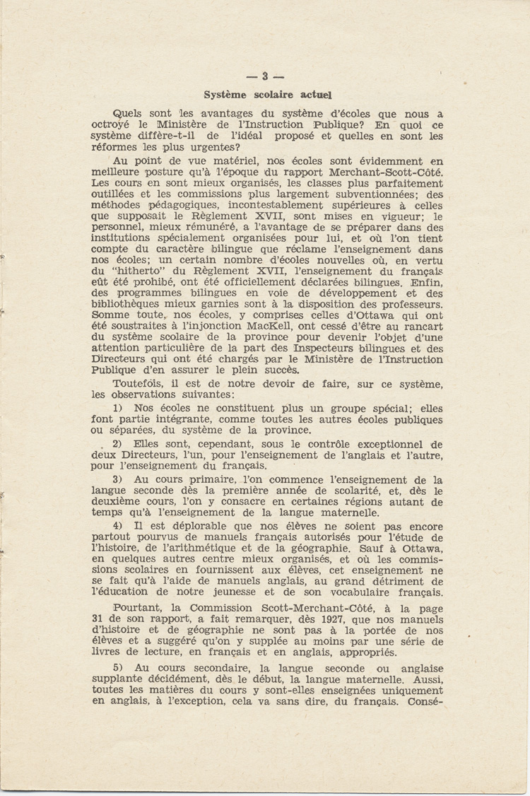 Reproduction de la troisi&egrave;me page de Notre nouveau syst&egrave;me scolaire, m&eacute;moire de l’abb&eacute; St&eacute;phane C&ocirc;t&eacute;, cur&eacute; de Chelmsford (Ontario), pr&eacute;sent&eacute; au congr&egrave;s g&eacute;n&eacute;ral de l’Association canadienne-fran&ccedil;aise d’&eacute;ducation d’Ontario, le 23 octobre 1934, 1934.