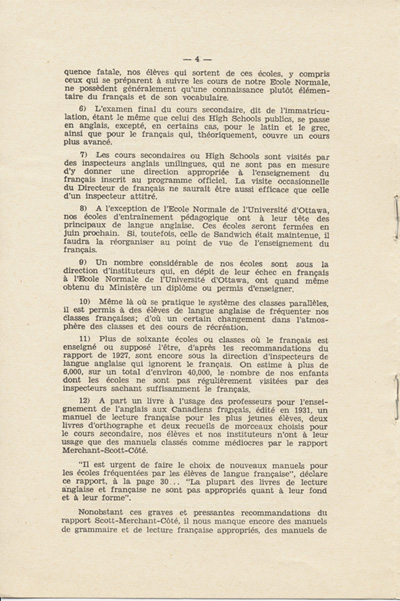 Reproduction de la quatri&egrave;me page de Notre nouveau syst&egrave;me scolaire, m&eacute;moire de l’abb&eacute; St&eacute;phane C&ocirc;t&eacute;, cur&eacute; de Chelmsford (Ontario), pr&eacute;sent&eacute; au congr&egrave;s g&eacute;n&eacute;ral de l’Association canadienne-fran&ccedil;aise d’&eacute;ducation d’Ontario, le 23 octobre 1934, 1934.
