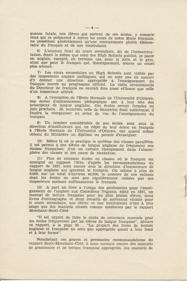 Reproduction de la quatri&egrave;me page de Notre nouveau syst&egrave;me scolaire, m&eacute;moire de l’abb&eacute; St&eacute;phane C&ocirc;t&eacute;, cur&eacute; de Chelmsford (Ontario), pr&eacute;sent&eacute; au congr&egrave;s g&eacute;n&eacute;ral de l’Association canadienne-fran&ccedil;aise d’&eacute;ducation d’Ontario, le 23 octobre 1934, 1934.