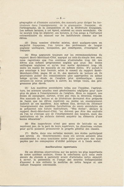 Reproduction de la cinqui&egrave;me page de Notre nouveau syst&egrave;me scolaire, m&eacute;moire de l’abb&eacute; St&eacute;phane C&ocirc;t&eacute;, cur&eacute; de Chelmsford (Ontario), pr&eacute;sent&eacute; au congr&egrave;s g&eacute;n&eacute;ral de l’Association canadienne-fran&ccedil;aise d’&eacute;ducation d’Ontario, le 23 octobre 1934, 1934.