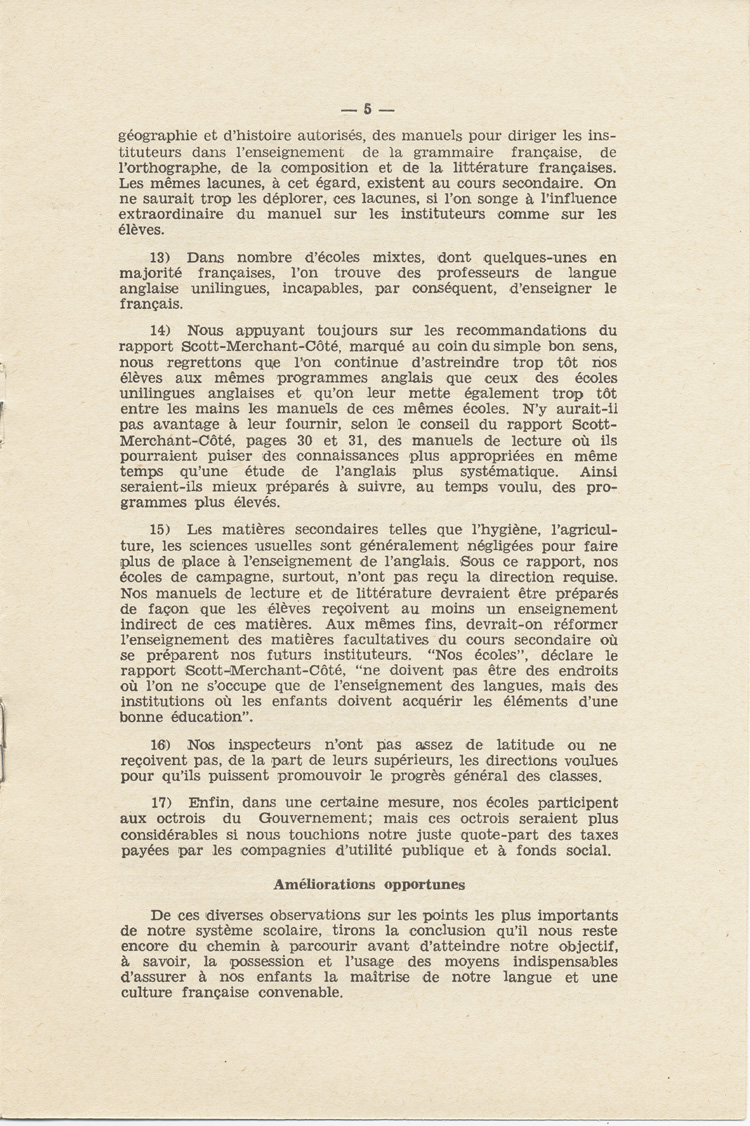 Reproduction de la cinqui&egrave;me page de Notre nouveau syst&egrave;me scolaire, m&eacute;moire de l’abb&eacute; St&eacute;phane C&ocirc;t&eacute;, cur&eacute; de Chelmsford (Ontario), pr&eacute;sent&eacute; au congr&egrave;s g&eacute;n&eacute;ral de l’Association canadienne-fran&ccedil;aise d’&eacute;ducation d’Ontario, le 23 octobre 1934, 1934.