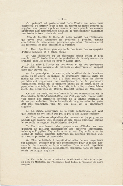 Reproduction de la sixi&egrave;me page de Notre nouveau syst&egrave;me scolaire, m&eacute;moire de l’abb&eacute; St&eacute;phane C&ocirc;t&eacute;, cur&eacute; de Chelmsford (Ontario), pr&eacute;sent&eacute; au congr&egrave;s g&eacute;n&eacute;ral de l’Association canadienne-fran&ccedil;aise d’&eacute;ducation d’Ontario, le 23 octobre 1934, 1934. 