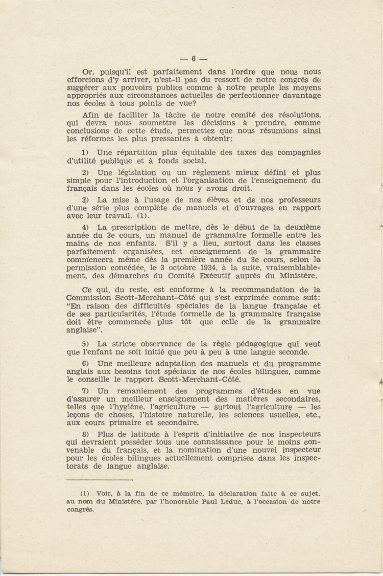 Reproduction de la sixi&egrave;me page de Notre nouveau syst&egrave;me scolaire, m&eacute;moire de l’abb&eacute; St&eacute;phane C&ocirc;t&eacute;, cur&eacute; de Chelmsford (Ontario), pr&eacute;sent&eacute; au congr&egrave;s g&eacute;n&eacute;ral de l’Association canadienne-fran&ccedil;aise d’&eacute;ducation d’Ontario, le 23 octobre 1934, 1934. 