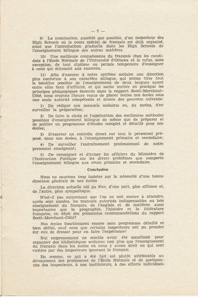 Reproduction de la septi&egrave;me page de Notre nouveau syst&egrave;me scolaire, m&eacute;moire de l’abb&eacute; St&eacute;phane C&ocirc;t&eacute;, cur&eacute; de Chelmsford (Ontario), pr&eacute;sent&eacute; au congr&egrave;s g&eacute;n&eacute;ral de l’Association canadienne-fran&ccedil;aise d’&eacute;ducation d’Ontario, le 23 octobre 1934, 1934. 