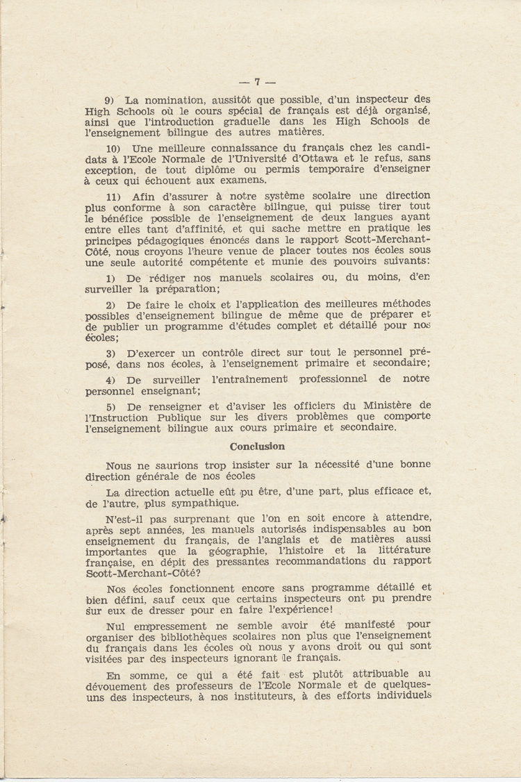 Reproduction de la septi&egrave;me page de Notre nouveau syst&egrave;me scolaire, m&eacute;moire de l’abb&eacute; St&eacute;phane C&ocirc;t&eacute;, cur&eacute; de Chelmsford (Ontario), pr&eacute;sent&eacute; au congr&egrave;s g&eacute;n&eacute;ral de l’Association canadienne-fran&ccedil;aise d’&eacute;ducation d’Ontario, le 23 octobre 1934, 1934. 