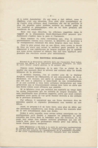 Reproduction de la huiti&egrave;me page de Notre nouveau syst&egrave;me scolaire, m&eacute;moire de l’abb&eacute; St&eacute;phane C&ocirc;t&eacute;, cur&eacute; de Chelmsford (Ontario), pr&eacute;sent&eacute; au congr&egrave;s g&eacute;n&eacute;ral de l’Association canadienne-fran&ccedil;aise d’&eacute;ducation d’Ontario, le 23 octobre 1934, 1934. 