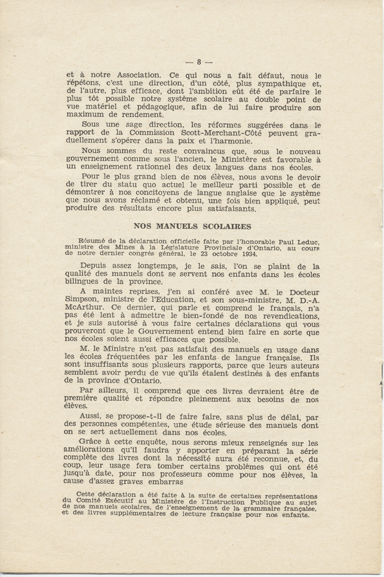 Reproduction de la huiti&egrave;me page de Notre nouveau syst&egrave;me scolaire, m&eacute;moire de l’abb&eacute; St&eacute;phane C&ocirc;t&eacute;, cur&eacute; de Chelmsford (Ontario), pr&eacute;sent&eacute; au congr&egrave;s g&eacute;n&eacute;ral de l’Association canadienne-fran&ccedil;aise d’&eacute;ducation d’Ontario, le 23 octobre 1934, 1934. 