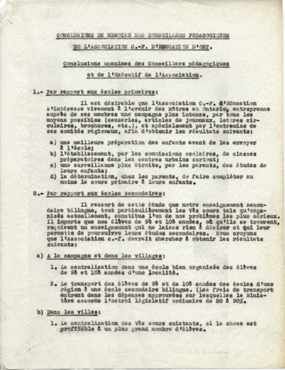 Reproduction de la premi&egrave;re page des Conclusions du m&eacute;moire des conseillers p&eacute;dagogiques de l’Association canadienne-fran&ccedil;aise d’&eacute;ducation d’Ontario adopt&eacute;s le 24 mai 1945 par les conseillers p&eacute;dagogiques du minist&egrave;re de l’&Eacute;ducation de l’Ontario et le Comit&eacute; ex&eacute;cutif de l’Association canadienne-fran&ccedil;aise d’&eacute;ducation d’Ontario, 1945.