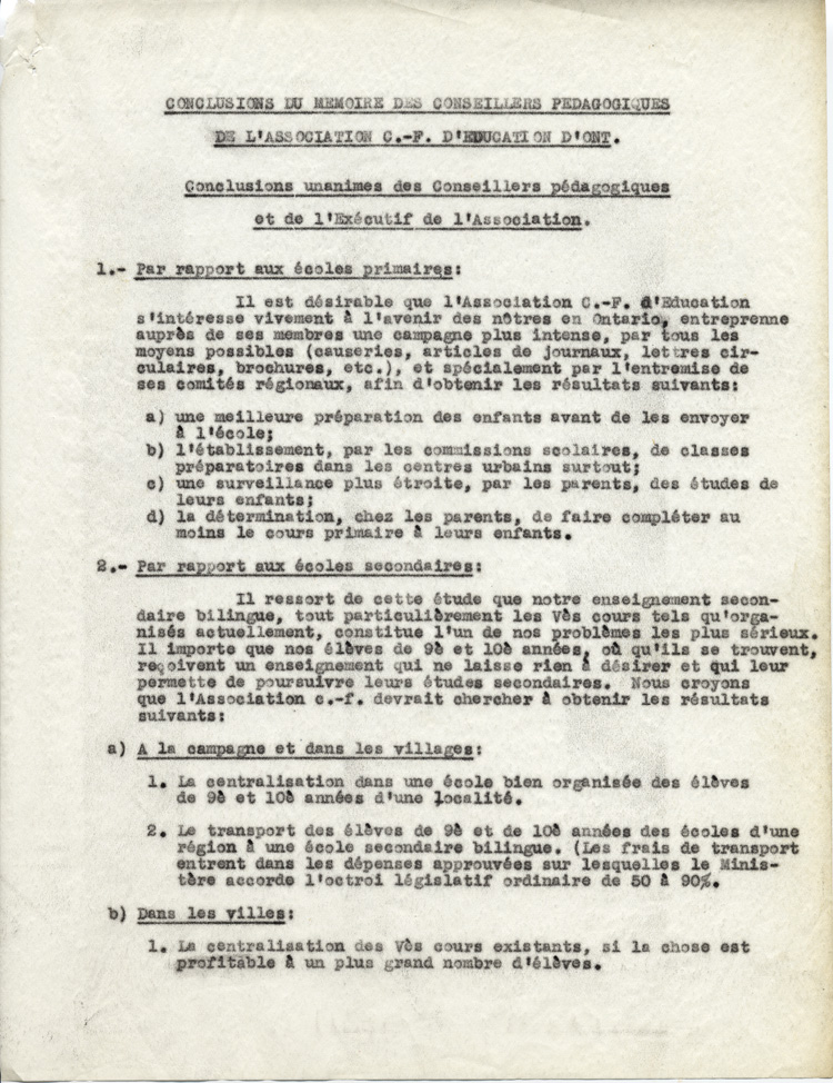 Reproduction de la premi&egrave;re page des Conclusions du m&eacute;moire des conseillers p&eacute;dagogiques de l’Association canadienne-fran&ccedil;aise d’&eacute;ducation d’Ontario adopt&eacute;s le 24 mai 1945 par les conseillers p&eacute;dagogiques du minist&egrave;re de l’&Eacute;ducation de l’Ontario et le Comit&eacute; ex&eacute;cutif de l’Association canadienne-fran&ccedil;aise d’&eacute;ducation d’Ontario, 1945.