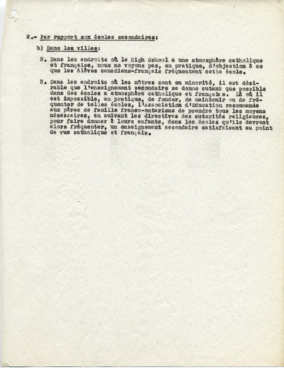 Reproduction de la deuxi&egrave;me page des Conclusions du m&eacute;moire des conseillers p&eacute;dagogiques de l’Association canadienne-fran&ccedil;aise d’&eacute;ducation d’Ontario adopt&eacute;s le 24 mai 1945 par les conseillers p&eacute;dagogiques du minist&egrave;re de l’&Eacute;ducation de l’Ontario et le Comit&eacute; ex&eacute;cutif de l’Association canadienne-fran&ccedil;aise d’&eacute;ducation d’Ontario, 1945.