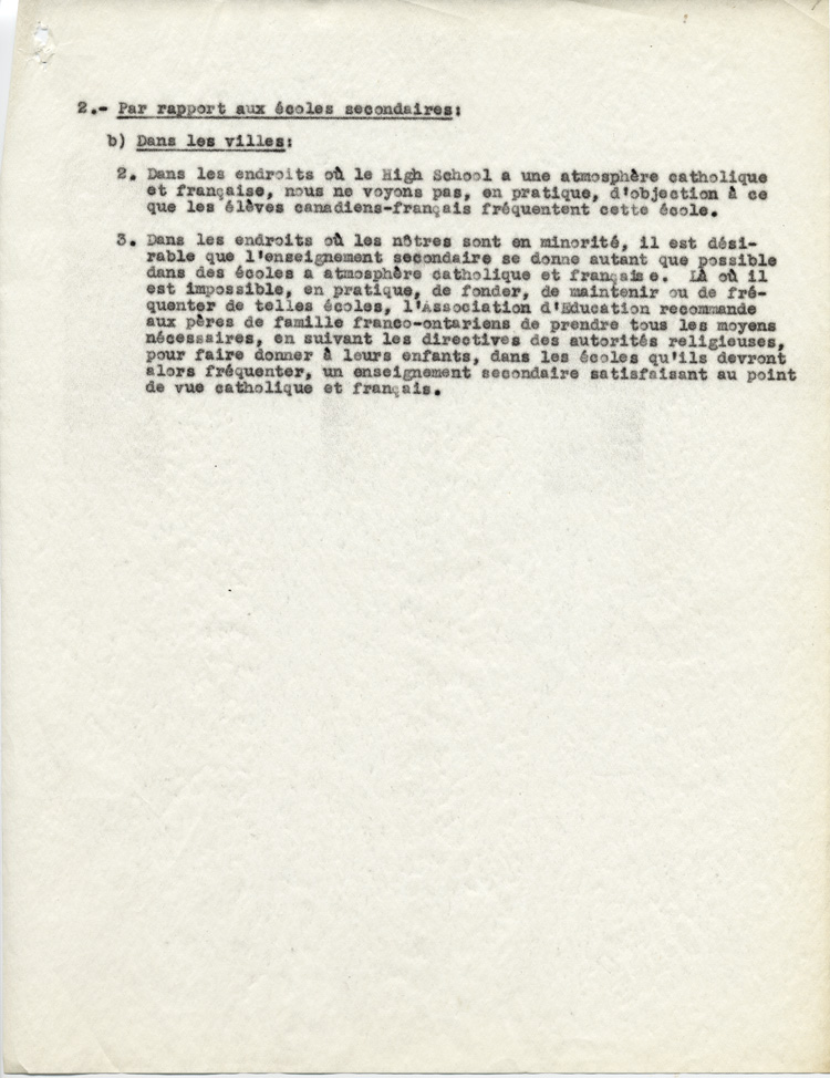 Reproduction de la deuxi&egrave;me page des Conclusions du m&eacute;moire des conseillers p&eacute;dagogiques de l’Association canadienne-fran&ccedil;aise d’&eacute;ducation d’Ontario adopt&eacute;s le 24 mai 1945 par les conseillers p&eacute;dagogiques du minist&egrave;re de l’&Eacute;ducation de l’Ontario et le Comit&eacute; ex&eacute;cutif de l’Association canadienne-fran&ccedil;aise d’&eacute;ducation d’Ontario, 1945.