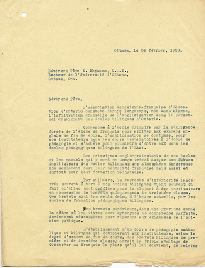 Reproduction de la premi&egrave;re page d’une copie de la lettre de Samuel M. Genest, pr&eacute;sident int&eacute;rimaire, Association canadienne-fran&ccedil;aise d’&eacute;ducation d’Ontario (ACFEO), au p&egrave;re Louis Rh&eacute;aume, recteur, Universit&eacute; d’Ottawa, 26 f&eacute;vrier 1920.