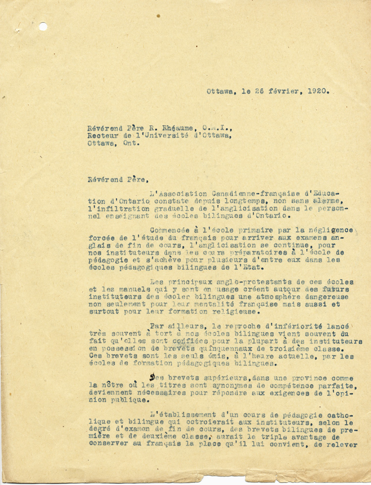 Reproduction de la premi&egrave;re page d’une copie de la lettre de Samuel M. Genest, pr&eacute;sident int&eacute;rimaire, Association canadienne-fran&ccedil;aise d’&eacute;ducation d’Ontario (ACFEO), au p&egrave;re Louis Rh&eacute;aume, recteur, Universit&eacute; d’Ottawa, 26 f&eacute;vrier 1920.