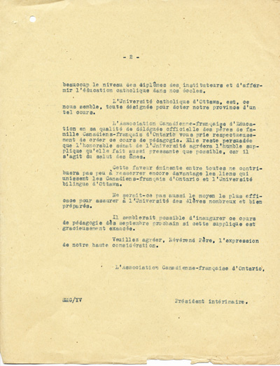 Reproduction de la deuxi&egrave;me page d’une copie de la lettre de Samuel M. Genest, pr&eacute;sident int&eacute;rimaire, Association canadienne-fran&ccedil;aise d’&eacute;ducation d’Ontario (ACFEO), au p&egrave;re Louis Rh&eacute;aume, recteur, Universit&eacute; d’Ottawa, 26 f&eacute;vrier 1920.