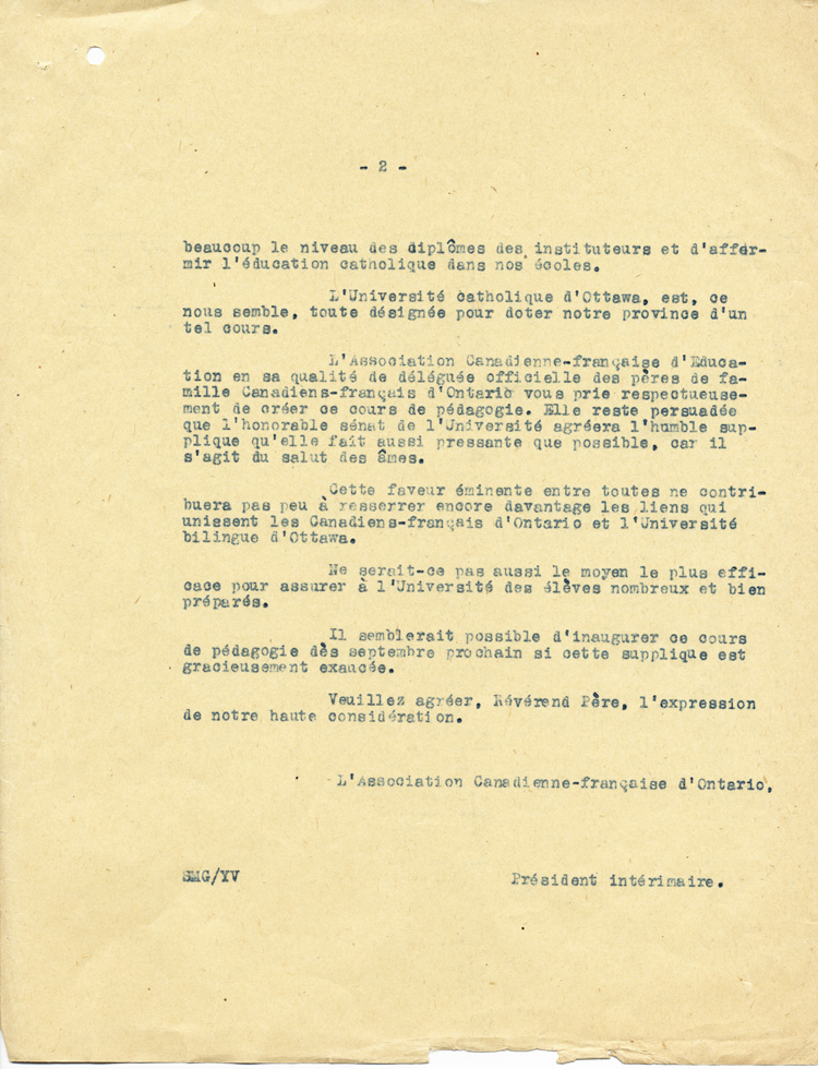 Reproduction de la deuxi&egrave;me page d’une copie de la lettre de Samuel M. Genest, pr&eacute;sident int&eacute;rimaire, Association canadienne-fran&ccedil;aise d’&eacute;ducation d’Ontario (ACFEO), au p&egrave;re Louis Rh&eacute;aume, recteur, Universit&eacute; d’Ottawa, 26 f&eacute;vrier 1920.