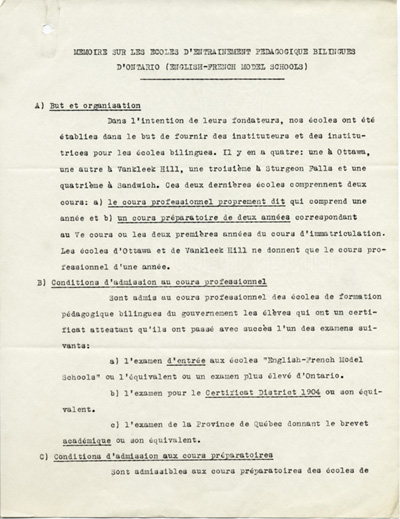 Reproduction de la premi&egrave;re page du M&eacute;moire de l’Association canadienne-fran&ccedil;aise d’&eacute;ducation d’Ontario (ACFEO) sur les &eacute;coles d’entra&icirc;nement p&eacute;dagogique bilingues d’Ontario (English-French Model Schools), ca 1923. 