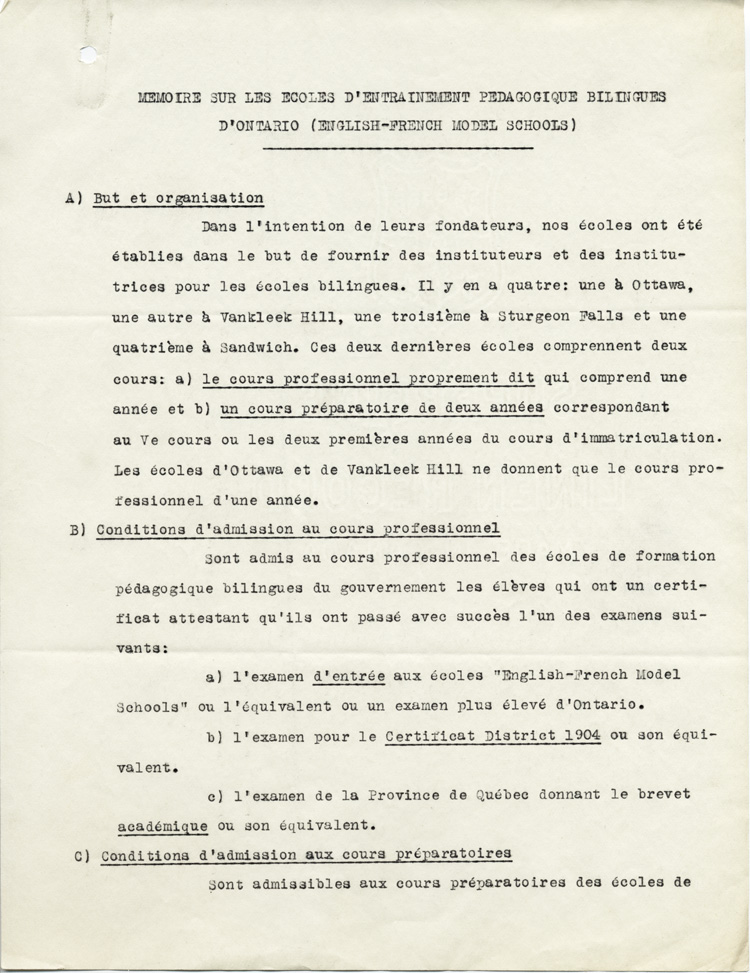 Reproduction de la première page du Mémoire de l’Association canadienne-française d’éducation d’Ontario (ACFEO) sur les écoles d’entraînement pédagogique bilingues d’Ontario (English-French Model Schools), ca 1923.