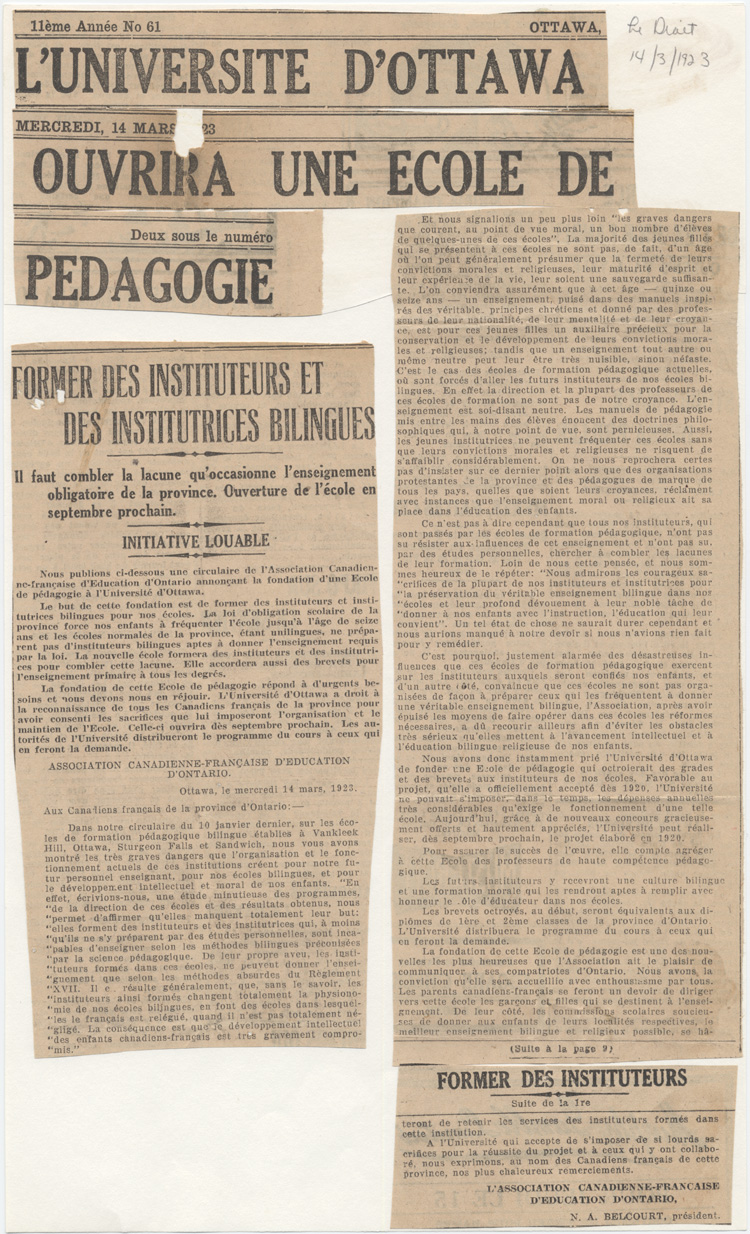 Reproduction d’un article paru &agrave; la premi&egrave;re et la neuvi&egrave;me page du journal Le Droit intitul&eacute; L’Universit&eacute; d’Ottawa ouvrira une &eacute;cole de p&eacute;dagogie, 14 mars 1923.