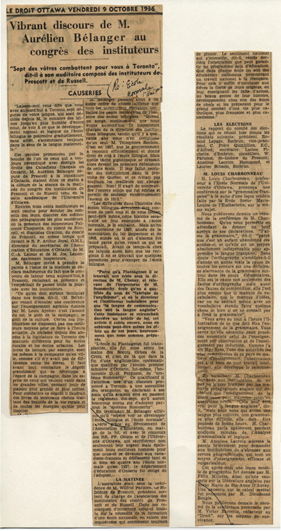 Reproduction d’un article paru dans le journal Le Droit, au sujet du discours de Aur&eacute;lien B&eacute;langer au congr&egrave;s des instituteurs de Prescott et Russell (Ontario), 9 octobre 1936.