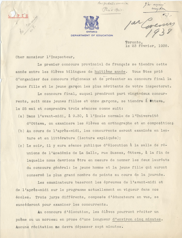 Reproduction de la premi&egrave;re page d’une lettre circulaire envoy&eacute;e aux inspecteurs annon&ccedil;ant le premier concours provincial de fran&ccedil;ais, par Robert Gauthier, directeur de l’enseignement du fran&ccedil;ais au minist&egrave;re de l’&Eacute;ducation de l’Ontario, 23 f&eacute;vrier 1938.
