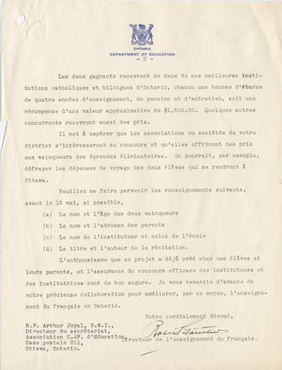 Reproduction de la deuxi&egrave;me page d’une lettre circulaire envoy&eacute;e aux inspecteurs annon&ccedil;ant le premier concours provincial de fran&ccedil;ais, par Robert Gauthier, directeur de l’enseignement du fran&ccedil;ais au minist&egrave;re de l’&Eacute;ducation de l’Ontario, 23 f&eacute;vrier 1938.