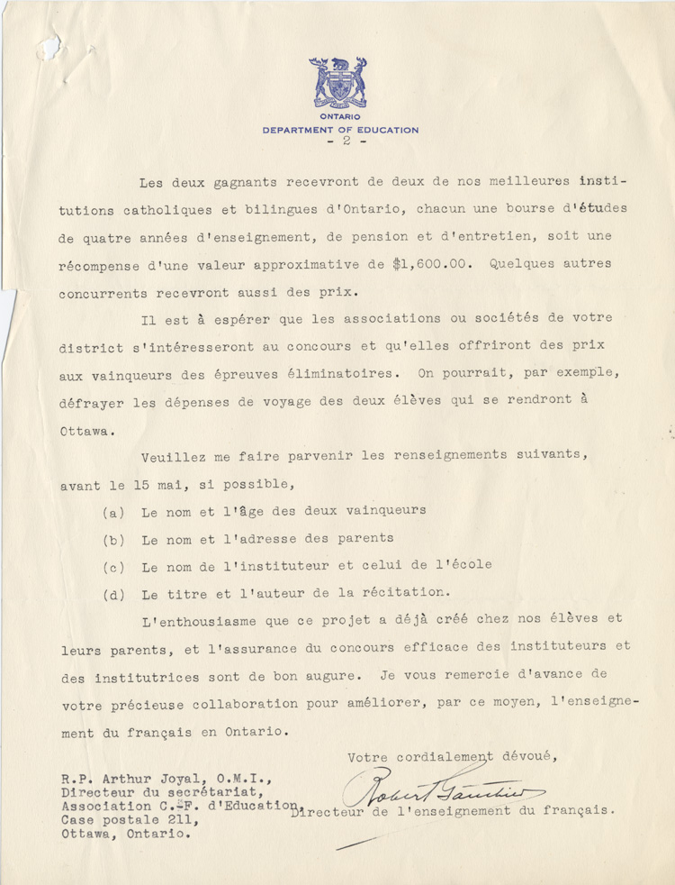 Reproduction de la deuxi&egrave;me page d’une lettre circulaire envoy&eacute;e aux inspecteurs annon&ccedil;ant le premier concours provincial de fran&ccedil;ais, par Robert Gauthier, directeur de l’enseignement du fran&ccedil;ais au minist&egrave;re de l’&Eacute;ducation de l’Ontario, 23 f&eacute;vrier 1938.