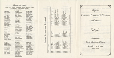 Reproduction du recto du d&eacute;pliant du septi&egrave;me concours provincial de fran&ccedil;ais, s&eacute;ance finale, &agrave; l’&Eacute;cole technique, Ottawa (Ontario), jeudi 13 avril 1944, avril 1944.