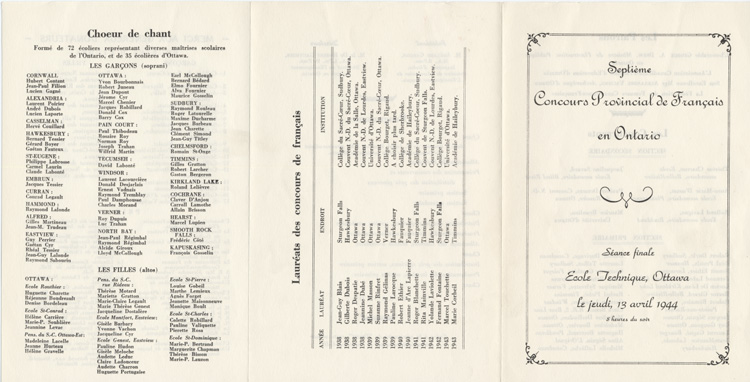 Reproduction du recto du d&eacute;pliant du septi&egrave;me concours provincial de fran&ccedil;ais, s&eacute;ance finale, &agrave; l’&Eacute;cole technique, Ottawa (Ontario), jeudi 13 avril 1944, avril 1944.