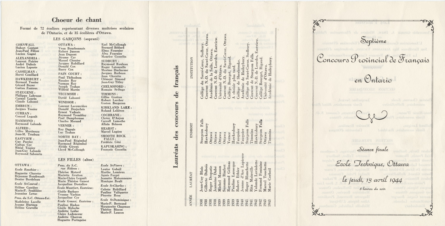 Reproduction du recto du d&eacute;pliant du septi&egrave;me concours provincial de fran&ccedil;ais, s&eacute;ance finale, &agrave; l’&Eacute;cole technique, Ottawa (Ontario), jeudi 13 avril 1944, avril 1944.
