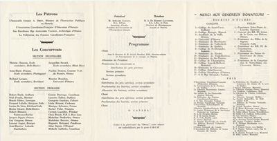 Reproduction du verso du d&eacute;pliant du septi&egrave;me concours provincial de fran&ccedil;ais, s&eacute;ance finale, &agrave; l’&Eacute;cole technique, Ottawa (Ontario), jeudi 13 avril 1944, avril 1944.