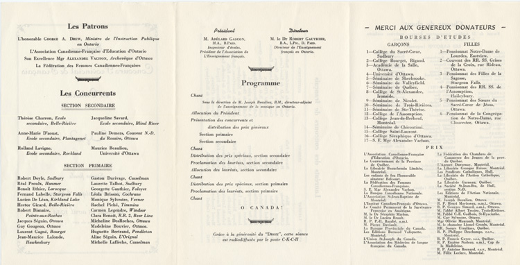 Reproduction du verso du d&eacute;pliant du septi&egrave;me concours provincial de fran&ccedil;ais, s&eacute;ance finale, &agrave; l’&Eacute;cole technique, Ottawa (Ontario), jeudi 13 avril 1944, avril 1944.