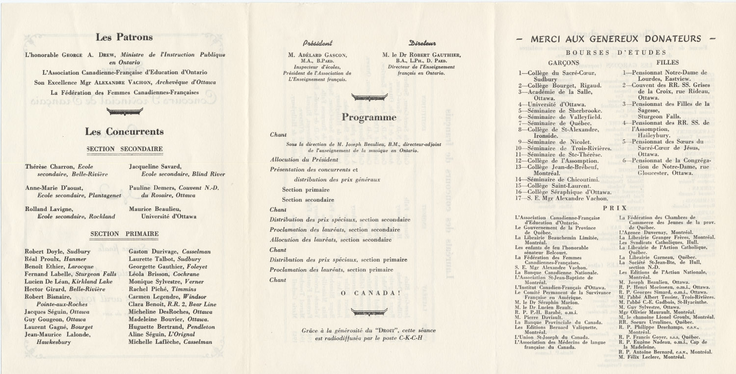 Reproduction du verso du d&eacute;pliant du septi&egrave;me concours provincial de fran&ccedil;ais, s&eacute;ance finale, &agrave; l’&Eacute;cole technique, Ottawa (Ontario), jeudi 13 avril 1944, avril 1944.