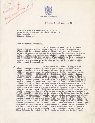 Reproduction de la premi&egrave;re page d’une lettre de Robert Gauthier, directeur de l’enseignement du fran&ccedil;ais, minist&egrave;re de l’&eacute;ducation de l’Ontario, &agrave; Rosario Beaudoin, secr&eacute;taire de l’Association canadienne-fran&ccedil;aise d’&eacute;ducation d’Ontario (ACFEO), 25 janvier 1944.