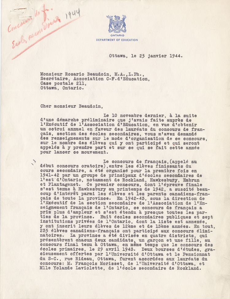 Reproduction de la premi&egrave;re page d’une lettre de Robert Gauthier, directeur de l’enseignement du fran&ccedil;ais, minist&egrave;re de l’&eacute;ducation de l’Ontario, &agrave; Rosario Beaudoin, secr&eacute;taire de l’Association canadienne-fran&ccedil;aise d’&eacute;ducation d’Ontario (ACFEO), 25 janvier 1944.