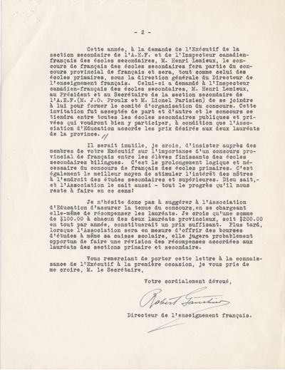 Reproduction de la deuxi&egrave;me page d’une lettre de Robert Gauthier, directeur de l’enseignement du fran&ccedil;ais, minist&egrave;re de l’&eacute;ducation de l’Ontario, &agrave; Rosario Beaudoin, secr&eacute;taire de l’Association canadienne-fran&ccedil;aise d’&eacute;ducation d’Ontario (ACFEO), 25 janvier 1944.