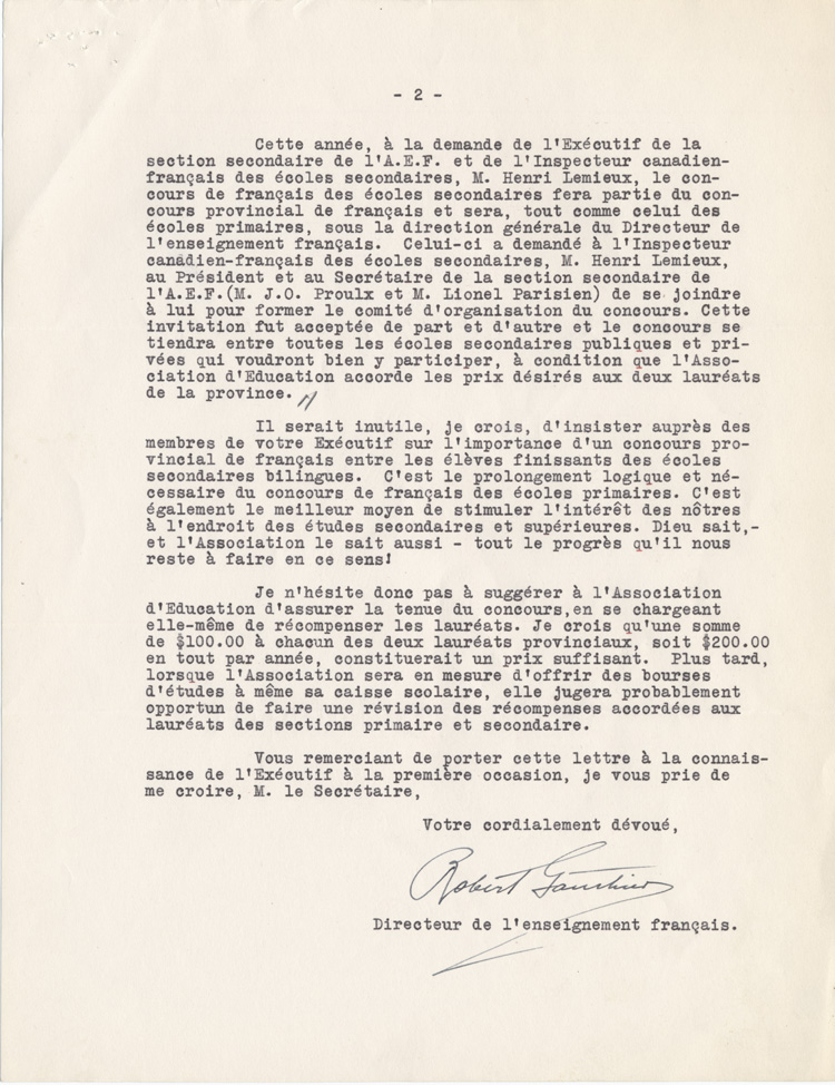 Reproduction de la deuxi&egrave;me page d’une lettre de Robert Gauthier, directeur de l’enseignement du fran&ccedil;ais, minist&egrave;re de l’&eacute;ducation de l’Ontario, &agrave; Rosario Beaudoin, secr&eacute;taire de l’Association canadienne-fran&ccedil;aise d’&eacute;ducation d’Ontario (ACFEO), 25 janvier 1944.