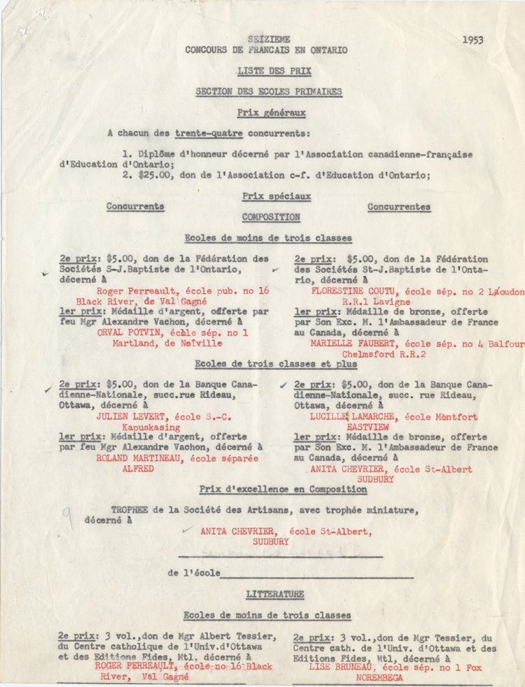 Reproduction de la premi&egrave;re page de la liste des prix du seizi&egrave;me concours provincial de fran&ccedil;ais en Ontario, section des &eacute;coles primaires, 1953.
