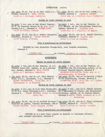 Reproduction de la deuxi&egrave;me page de la liste des prix du seizi&egrave;me concours provincial de fran&ccedil;ais en Ontario, section des &eacute;coles primaires, 1953.