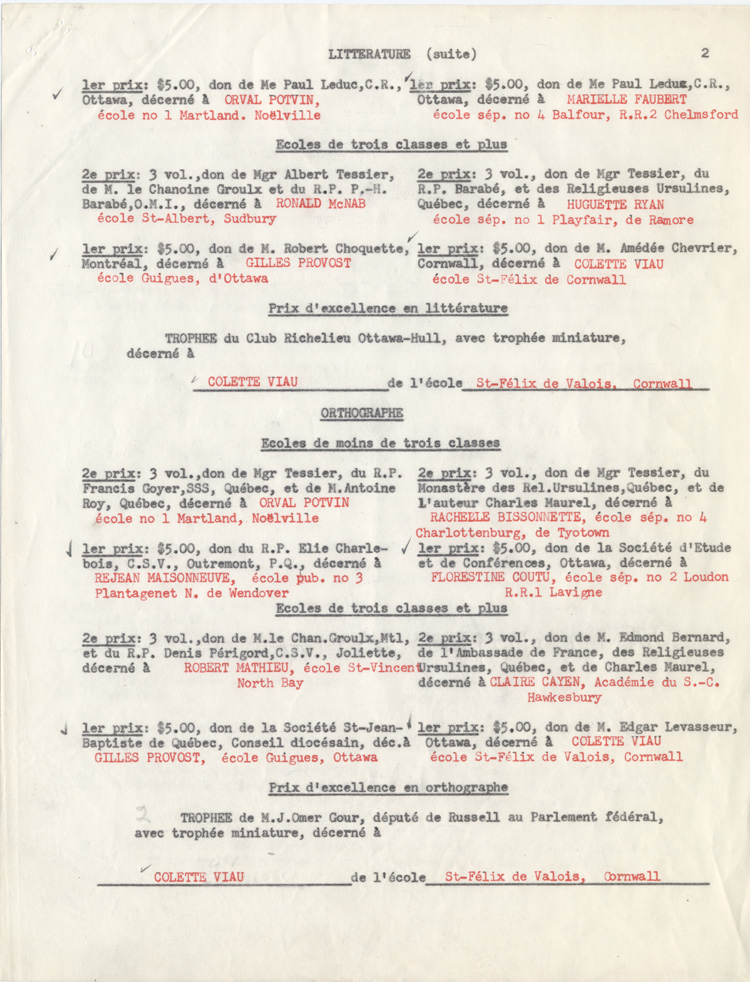 Reproduction de la deuxi&egrave;me page de la liste des prix du seizi&egrave;me concours provincial de fran&ccedil;ais en Ontario, section des &eacute;coles primaires, 1953.