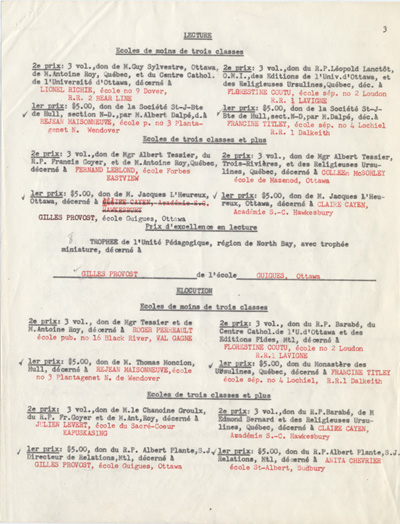 Reproduction de la troisi&egrave;me page de la liste des prix du seizi&egrave;me concours provincial de fran&ccedil;ais en Ontario, section des &eacute;coles primaires, 1953.