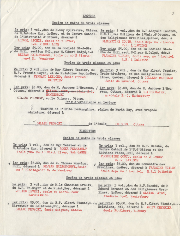 Reproduction de la troisi&egrave;me page de la liste des prix du seizi&egrave;me concours provincial de fran&ccedil;ais en Ontario, section des &eacute;coles primaires, 1953.