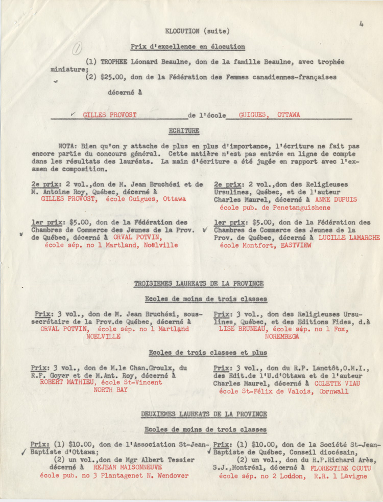 Reproduction de la quatri&egrave;me page de la liste des prix du seizi&egrave;me concours provincial de fran&ccedil;ais en Ontario, section des &eacute;coles primaires, 1953.