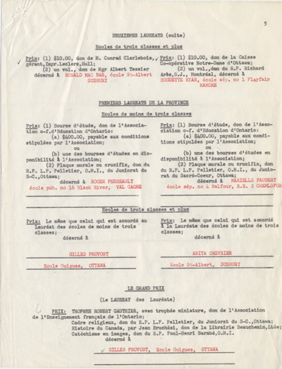 Reproduction de la cinqui&egrave;me page de la liste des prix du seizi&egrave;me concours provincial de fran&ccedil;ais en Ontario, section des &eacute;coles primaires, 1953.