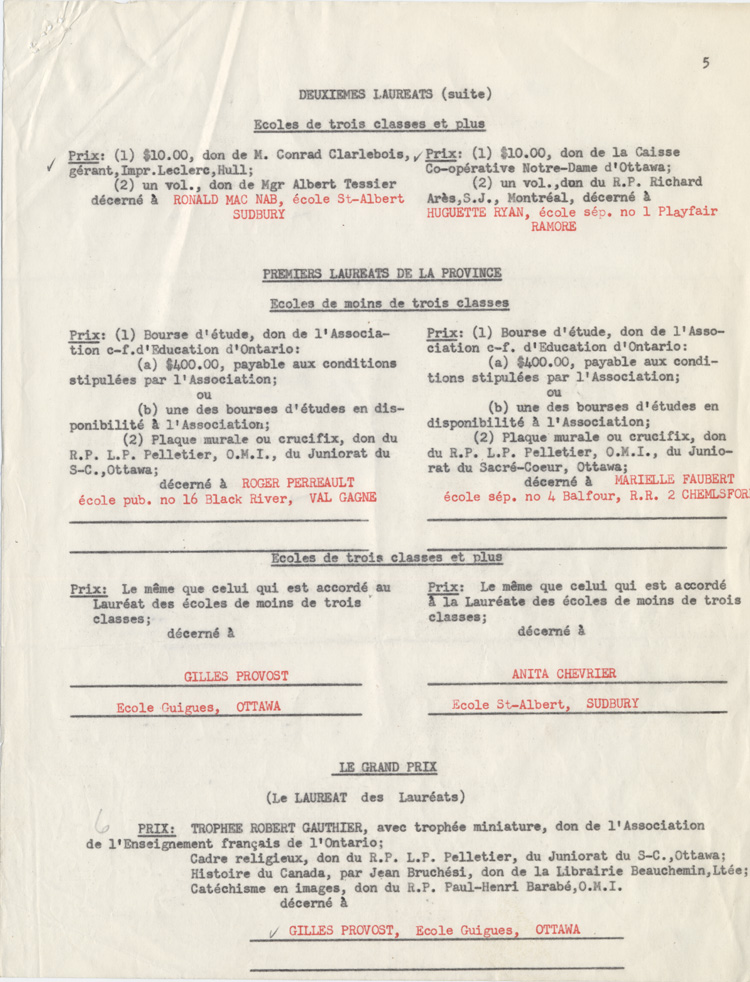 Reproduction de la cinqui&egrave;me page de la liste des prix du seizi&egrave;me concours provincial de fran&ccedil;ais en Ontario, section des &eacute;coles primaires, 1953.