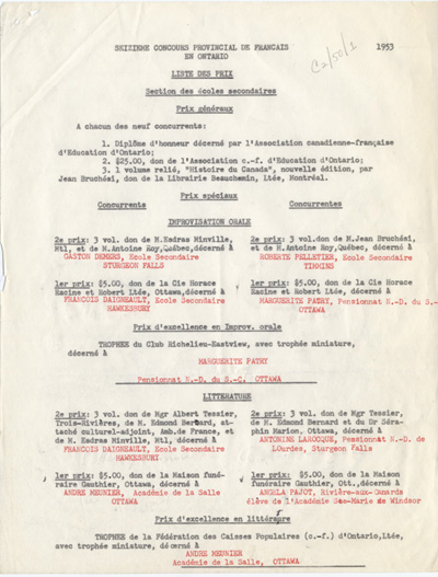 Reproduction de la premi&egrave;re page de la liste des prix du seizi&egrave;me concours provincial de fran&ccedil;ais en Ontario, section des &eacute;coles secondaires, 1953.