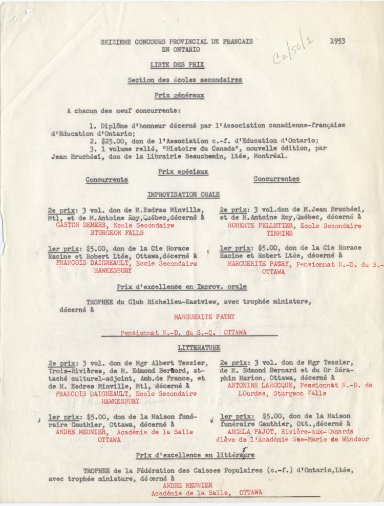 Reproduction de la premi&egrave;re page de la liste des prix du seizi&egrave;me concours provincial de fran&ccedil;ais en Ontario, section des &eacute;coles secondaires, 1953.