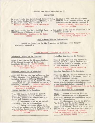 Reproduction de la deuxi&egrave;me page de la liste des prix du seizi&egrave;me concours provincial de fran&ccedil;ais en Ontario, section des &eacute;coles secondaires, 1953.