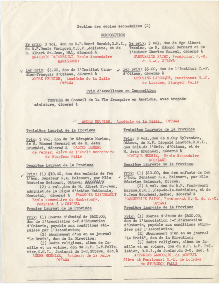 Reproduction de la deuxi&egrave;me page de la liste des prix du seizi&egrave;me concours provincial de fran&ccedil;ais en Ontario, section des &eacute;coles secondaires, 1953.