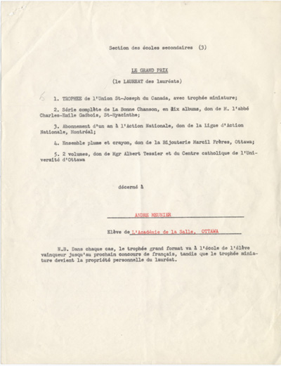 Reproduction de la troisi&egrave;me page de la liste des prix du seizi&egrave;me concours provincial de fran&ccedil;ais en Ontario, section des &eacute;coles secondaires, 1953.