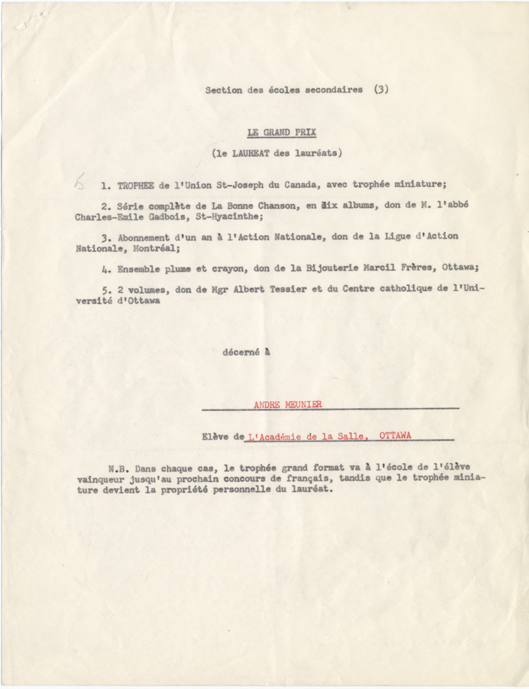 Reproduction de la troisi&egrave;me page de la liste des prix du seizi&egrave;me concours provincial de fran&ccedil;ais en Ontario, section des &eacute;coles secondaires, 1953.